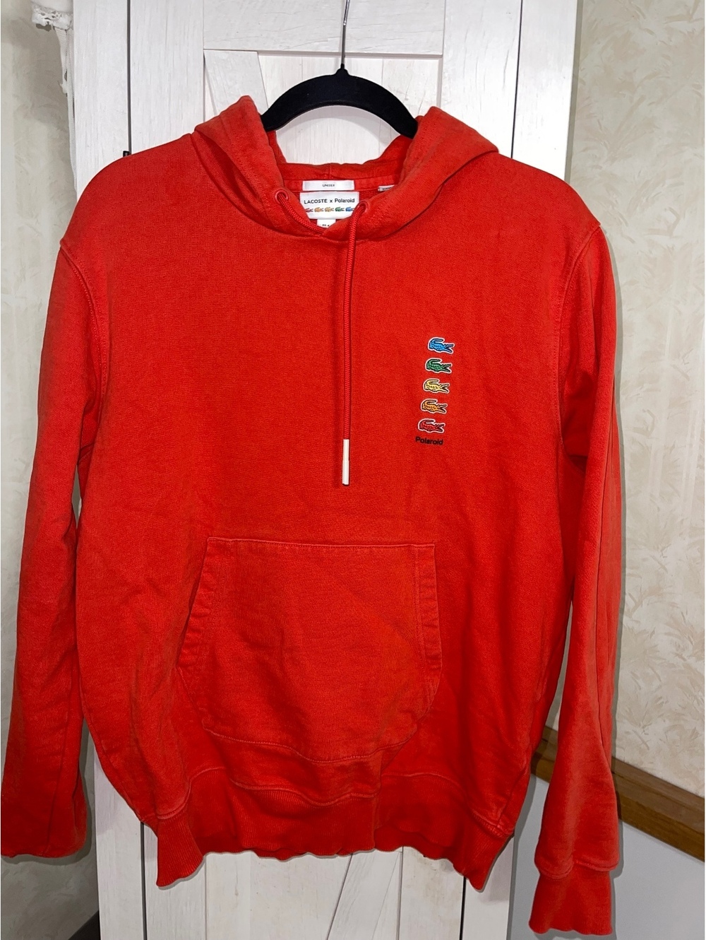 Lacoste x Polaroid unisex pullover hoodie, vibrant rainbow color crocodile logo